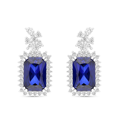 [EAR01SAP00WCZB747] Sterling Silver 925 Earring Rhodium Plated Embedded With Sapphire Corundum And White CZ