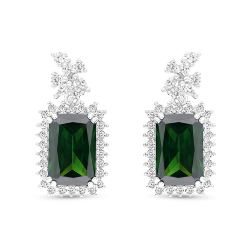 [EAR01EMR00WCZB747] Sterling Silver 925 Earring Rhodium Plated Embedded With Emerald Zircon And White CZ