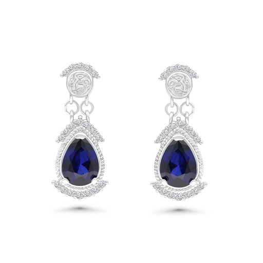 [EAR01SAP00WCZB748] Sterling Silver 925 Earring Rhodium Plated Embedded With Sapphire Corundum And White CZ