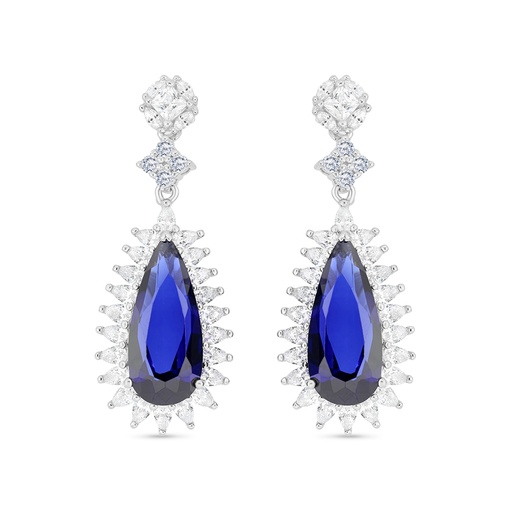 [EAR01SAP00WCZB749] Sterling Silver 925 Earring Rhodium Plated Embedded With Sapphire Corundum And White CZ