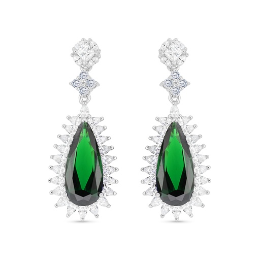[EAR01EMR00WCZB749] Sterling Silver 925 Earring Rhodium Plated Embedded With Emerald Zircon And White CZ