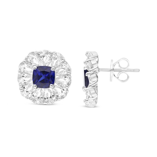 [EAR01SAP00WCZB750] Sterling Silver 925 Earring Rhodium Plated Embedded With Sapphire Corundum And White CZ