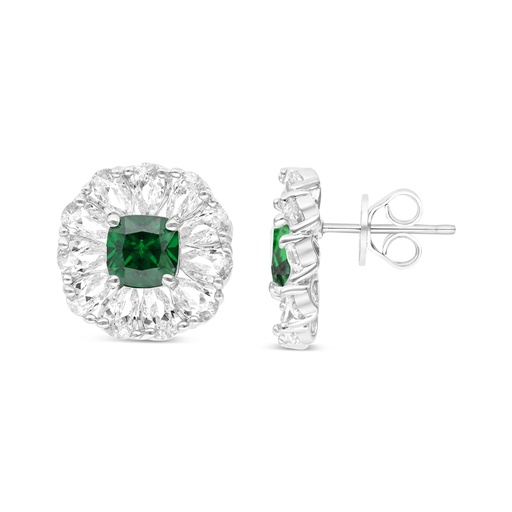 [EAR01EMR00WCZB750] Sterling Silver 925 Earring Rhodium Plated Embedded With Emerald Zircon And White CZ