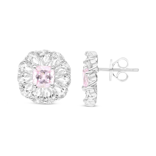 [EAR01PIK00WCZB750] Sterling Silver 925 Earring Rhodium Plated Embedded With Pink Zircon And White CZ