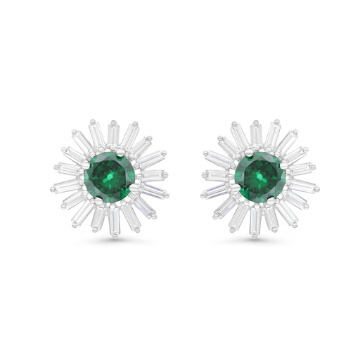 [EAR01EMR00WCZB754] Sterling Silver 925 Earring Rhodium Plated Embedded With Emerald Zircon And White CZ