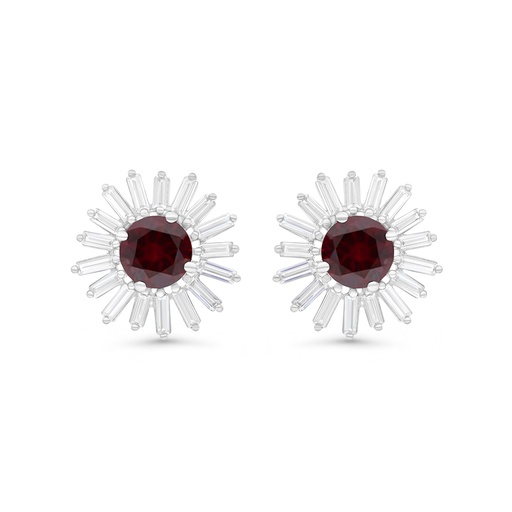 [EAR01RUB00WCZB754] Sterling Silver 925 Earring Rhodium Plated Embedded With Ruby Corundum And White CZ