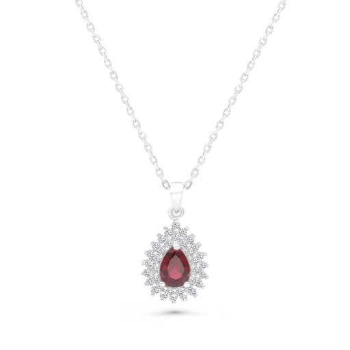 [NCL01RUB00WCZA675] Sterling Silver 925 Necklace Rhodium Plated Embedded With Ruby Corundum And White CZ