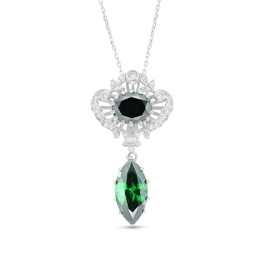 [NCL01EMR00WCZA698] Sterling Silver 925 Necklace Rhodium Plated Embedded With Emerald Zircon And White CZ