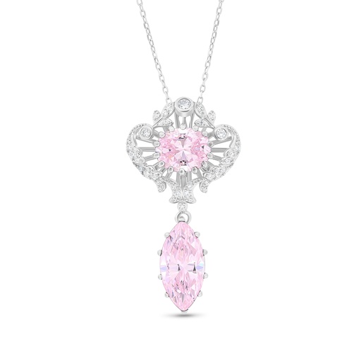 [NCL01PIK00WCZA698] Sterling Silver 925 Necklace Rhodium Plated Embedded With pink Zircon And White CZ