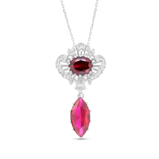 [NCL01RUB00WCZA698] Sterling Silver 925 Necklace Rhodium Plated Embedded With Ruby Corundum And White CZ