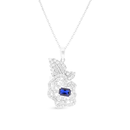 [NCL01SAP00WCZA706] Sterling Silver 925 Necklace Rhodium Plated Embedded With Sapphire Corundum And White CZ