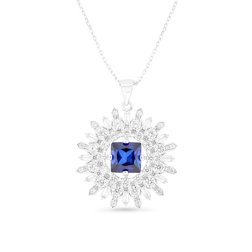 [NCL01SAP00WCZA711] Sterling Silver 925 Necklace Rhodium Plated Embedded With Sapphire Corundum And White CZ