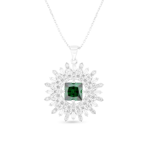 [NCL01EMR00WCZA711] Sterling Silver 925 Necklace Rhodium Plated Embedded With Emerald Zircon And White CZ