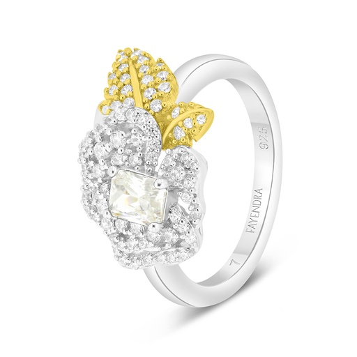 Sterling Silver 925 Ring Rhodium And Gold Plated Embedded With Yellow Zircon And White CZ