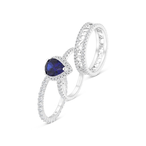 Sterling Silver 925 Ring (3pieces) Rhodium Plated Embedded With Sapphire Corundum And White CZ