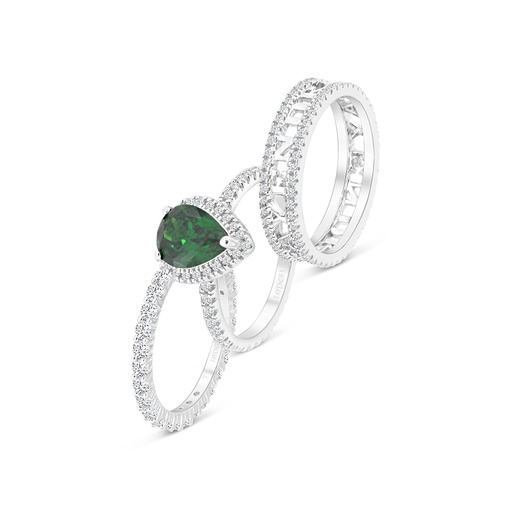 Sterling Silver 925 Ring (3pieces) Rhodium Plated Embedded With Emerald Zircon And White CZ