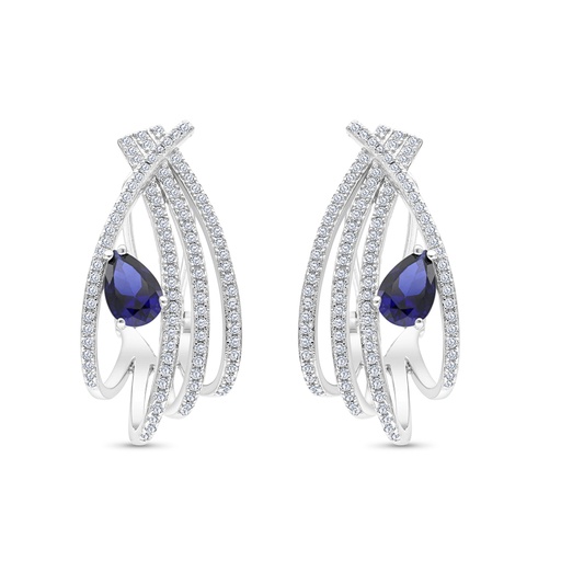 [EAR01SAP00WCZB852] Sterling Silver 925 Earring Rhodium Plated Embedded With Sapphire Corundum And White CZ