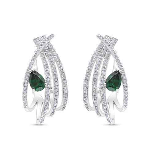 [EAR01EMR00WCZB852] Sterling Silver 925 Earring Rhodium Plated Embedded With Emerald Zircon And White CZ