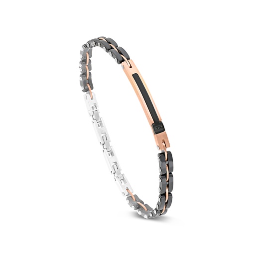 [BRC09BCZ00000A023] Stainless Steel Bracelet, Rhodium And Black And Rose Gold Plated And Ceramic For Men Embedded With Black CZ 316L