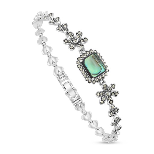 [BRC04MAR00ABAA149] Sterling Silver 925 Bracelet Embedded With Natural Blue Shell And Marcasite Stones