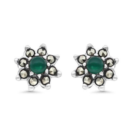 [EAR04MAR00GAGA293] Sterling Silver 925 Earring Embedded With Natural Green Agate And Marcasite Stones