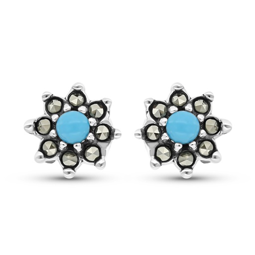 [EAR04MAR00TRQA293] Sterling Silver 925 Earring Embedded With Natural Processed Turquoise And Marcasite Stones