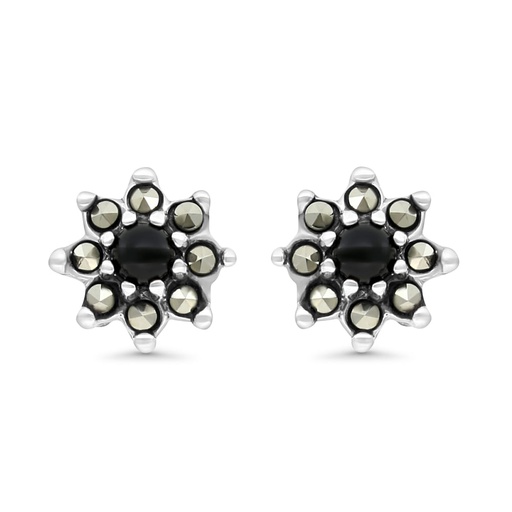 [EAR04MAR00ONXA293] Sterling Silver 925 Earring Embedded With Natural Black Agate And Marcasite Stones