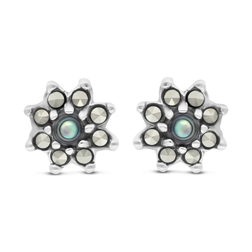 [EAR04MAR00ABAA293] Sterling Silver 925 Earring Embedded With Natural Blue Shell And Marcasite Stones