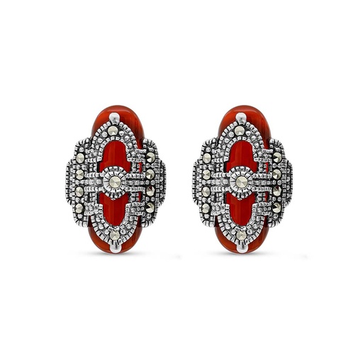 [EAR04MAR00RAGA480] Sterling Silver 925 Earring Embedded With Natural Aqiq And Marcasite Stones