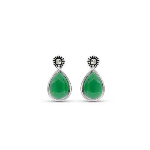 [EAR04MAR00GAGA307] Sterling Silver 925 Earring Embedded With Natural Green Agate And Marcasite Stones