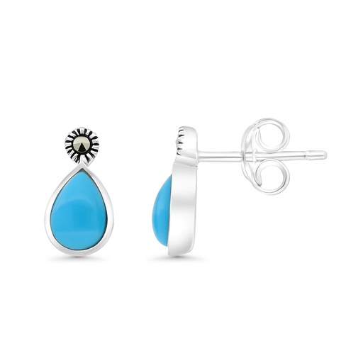 [EAR04MAR00TRQA307] Sterling Silver 925 Earring Embedded With Natural Processed Turquoise And Marcasite Stones