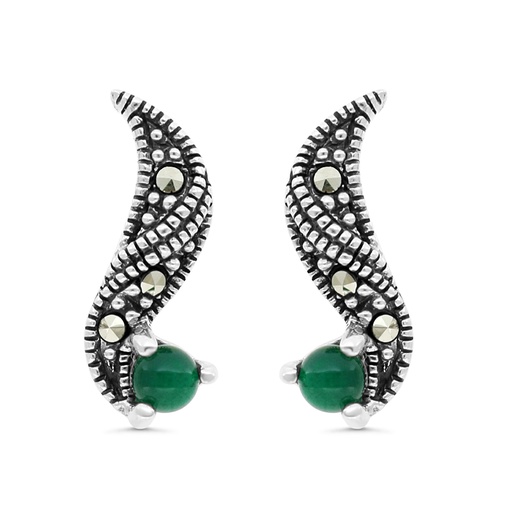 [EAR04MAR00GAGA309] Sterling Silver 925 Earring Embedded With Natural Green Agate And Marcasite Stones
