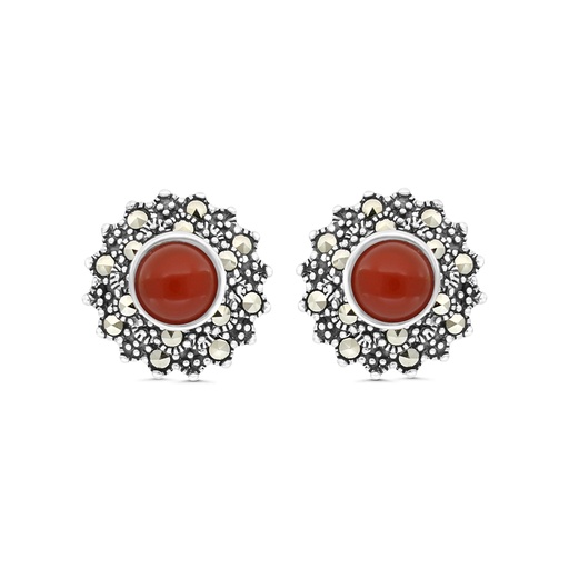 [EAR04MAR00RAGA349] Sterling Silver 925 Earring Embedded With Natural Aqiq And Marcasite Stones