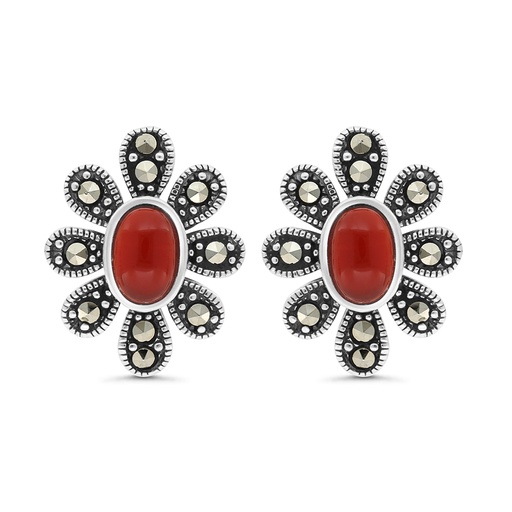[EAR04MAR00RAGA356] Sterling Silver 925 Earring Embedded With Natural Aqiq And Marcasite Stones