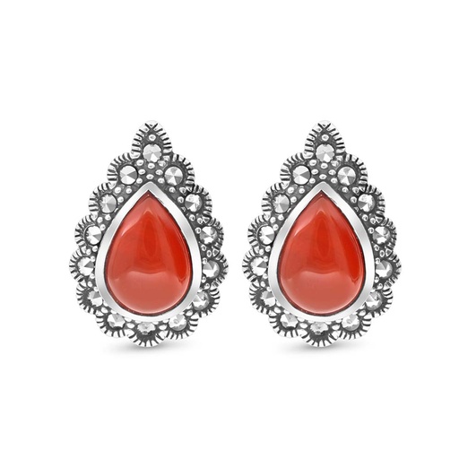 [EAR04MAR00RAGA393] Sterling Silver 925 Earring Embedded With Natural Aqiq And Marcasite Stones