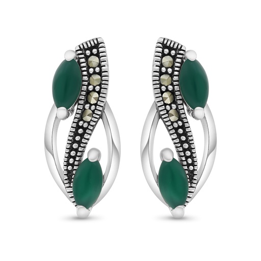[EAR04MAR00GAGA405] Sterling Silver 925 Earring Embedded With Natural Green Agate And Marcasite Stones