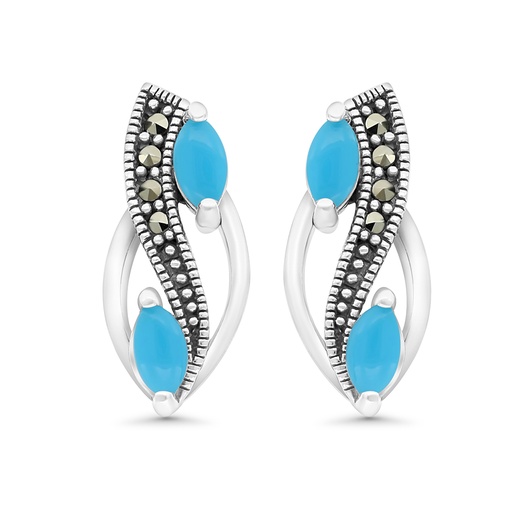 [EAR04MAR00TRQA405] Sterling Silver 925 Earring Embedded With Natural Processed Turquoise And Marcasite Stones