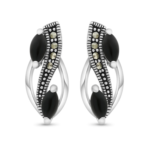 [EAR04MAR00ONXA405] Sterling Silver 925 Earring Embedded With Natural Black Agate And Marcasite Stones