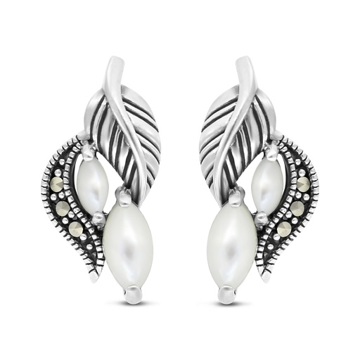 [EAR04MAR00MOPA406] Sterling Silver 925 Earring Embedded With Natural White Shell And Marcasite Stones