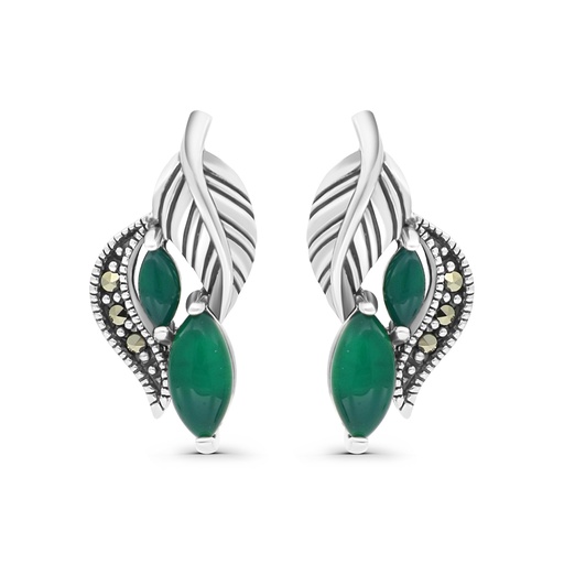 [EAR04MAR00GAGA406] Sterling Silver 925 Earring Embedded With Natural Green Agate And Marcasite Stones