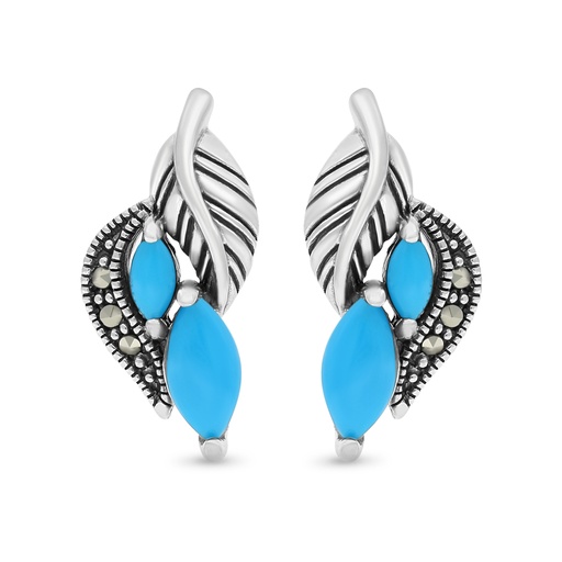 [EAR04MAR00TRQA406] Sterling Silver 925 Earring Embedded With Natural Processed Turquoise And Marcasite Stones