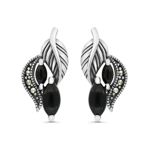 [EAR04MAR00ONXA406] Sterling Silver 925 Earring Embedded With Natural Black Agate And Marcasite Stones