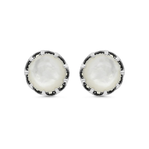 [EAR04MAR00MOPA407] Sterling Silver 925 Earring Embedded With Natural White Shell And Marcasite Stones