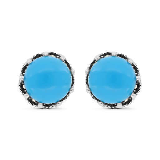 [EAR04MAR00TRQA407] Sterling Silver 925 Earring Embedded With Natural Processed Turquoise And Marcasite Stones