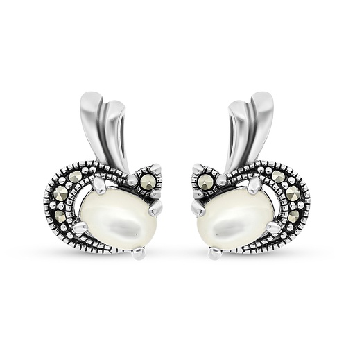 [EAR04MAR00MOPA408] Sterling Silver 925 Earring Embedded With Natural White Shell And Marcasite Stones
