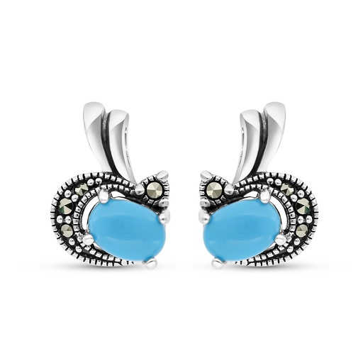 [EAR04MAR00TRQA408] Sterling Silver 925 Earring Embedded With Natural Processed Turquoise And Marcasite Stones