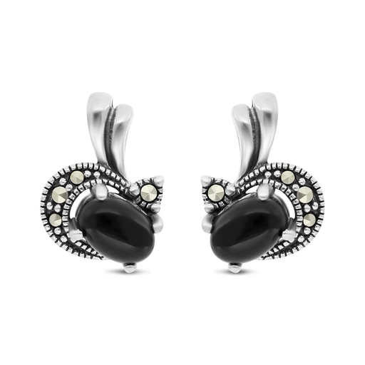 [EAR04MAR00ONXA408] Sterling Silver 925 Earring Embedded With Natural Black Agate And Marcasite Stones