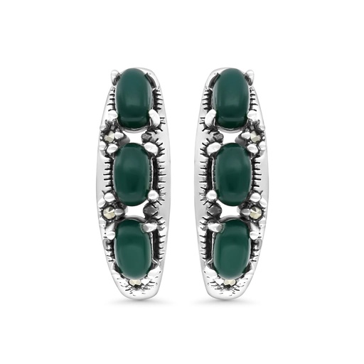 [EAR04MAR00GAGA409] Sterling Silver 925 Earring Embedded With Natural Green Agate And Marcasite Stones