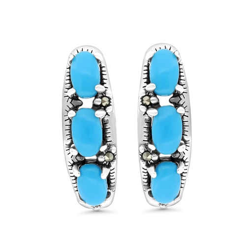 [EAR04MAR00TRQA409] Sterling Silver 925 Earring Embedded With Natural Processed Turquoise And Marcasite Stones