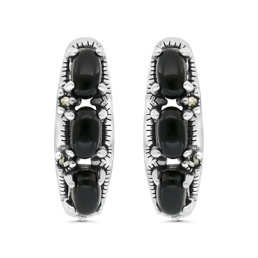 [EAR04MAR00ONXA409] Sterling Silver 925 Earring Embedded With Natural Black Agate And Marcasite Stones